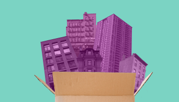 An illustration shows NYC apartment buildings spilling out of a packing box.