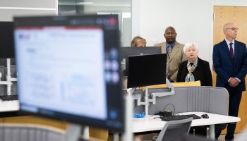 US Treasury Secretary Janet Yellen tours a new technology workspace at the Internal Revenue Service New Carrollton Federal Building in Lanham, Maryland, September 15, 2022.