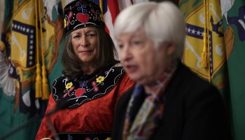 Secretary of the Treasury Janet Yellen speaks as U.S. Treasurer and Mohegan Tribe Chief Lynn Malerba listens during a ceremonial swearing-in for Malerba at the Cash Room of the Treasury Department September 12, 2022 in Washington, DC.