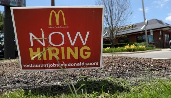 A now hiring sign is posted in front of a McDonalds restaurant on May 5, 2017 in Baton Rouge, Louisiana.