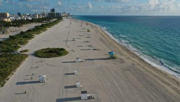 Aerial view of an empty beach in Miami Beach, Florida.