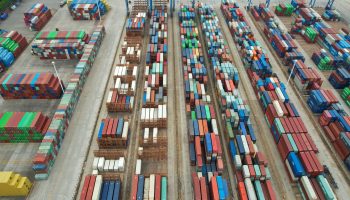 Cargo containers stacked at a port in Lianyungang in China's eastern Jiangsu province.