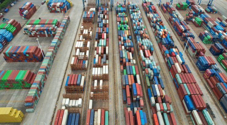 Cargo containers stacked at a port in Lianyungang in China's eastern Jiangsu province.