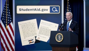 US President Joe Biden delivers remarks on the student debt relief portal beta test, in the South Court Auditorium of the Eisenhower Executive Office Building, next to the White House, in Washington, DC, on October 17, 2022