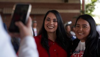 U.S. Representative Mayra Flores (R-TX), takes a photo with a supporter at a joint campaign event with Monica De La Cruz, Republican candidate for Congress, at the University Drafthouse in Mcallen, Texas, on October 10, 2022. - When Mayra Flores made history this June as the first Mexican-born member of US congress, the Republican seized her south Texas seat from the Democrats by courting Latinos with strident calls to close the border. She is bidding to repeat her victory next month, when fellow Latina Republicans Monica de la Cruz, Cassy Garcia and Carmen Maria Montiel will also vie for nearby congressional seats that for decades have remained Democratic. (Photo by allison dinner / AFP) (Photo by ALLISON DINNER/AFP via Getty Images)