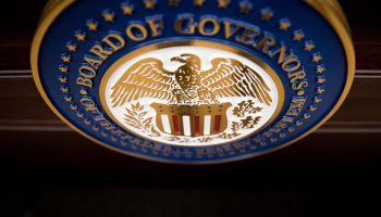 A view of the Federal Reserve Board of Governors seal is pictured before a briefing at the US Federal Reserve December 13, 2017 in Washington, DC. - The US central bank on Wednesday raised the benchmark interest rate for the third and final time this year, and officials indicated they are not likely to be more aggressive next year, at least for now. (Photo by Brendan Smialowski / AFP) (Photo credit should read BRENDAN SMIALOWSKI/AFP via Getty Images)