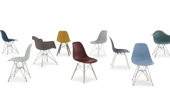 The Eames plastic shell chair in new colors, and a new material — recycled plastic.
