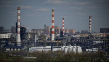 A view shows the Russian oil producer Gazprom Neft's Moscow oil refinery on the south-eastern outskirts of Moscow on April 28, 2022.