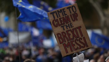 A person holds up a sign that reads "Time to clean up the Brexit mess!" with a roll of toilet paper hanging from it. Behind it, European Union flags wave.