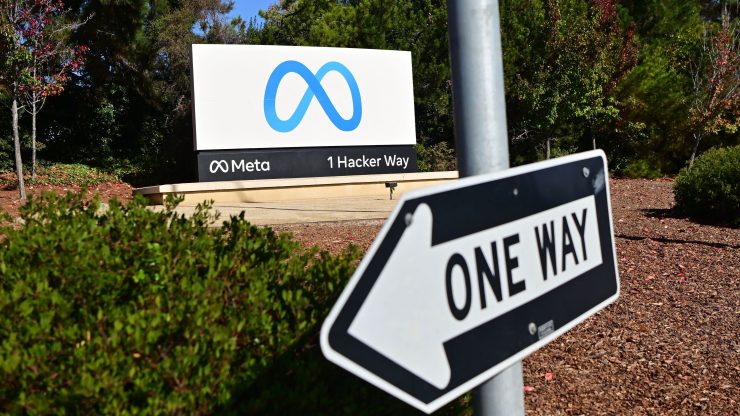 A one way sign is seen in front of Meta (formerly Facebook) corporate headquarters in Menlo Park, California on November 09, 2022.