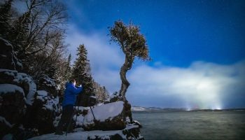Landscape photographer Travis Novitsky frames up a photograph of the Spirit Tree against a beautiful blue sky.