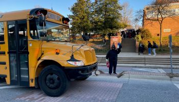 A school bus pulls up to Dumbarton Middle School in Baltimore County, Maryland, on December 13, 2022