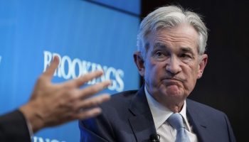 Chair of the U.S. Federal Reserve Jerome Powell participates in a question and answer session after speaking at the Brookings Institution on Wednesday.