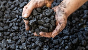 Coal and the hands of a miner, Concept, the rising price of coal, Hard mining and industrial work