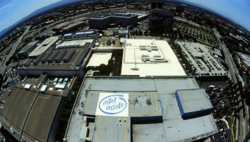An aerial view shows the Silicon Valley location of Intel in Santa Clara, California, and surrounding buildings.