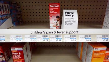 A sign reads 'We're sorry' in a children's pain and fever remedy section of a CVS pharmacy on December 6, 2022 in Burbank, California.