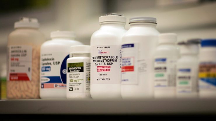 Bottles of antibiotics line a shelf at a Publix Supermarket pharmacy August 7, 2007 in Miami, Florida.