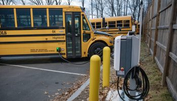A black cord from a parking lot charging station stretches across asphalt to plug into the side of a yellow school bus.