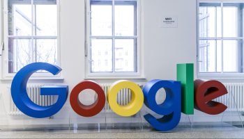 The Google logo is on display during the press tour before the festive opening of the Berlin representation of Google Germany on January 22, 2019 in Berlin, Germany.