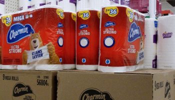 Charmin Ultra Strong toilet paper is on display on a supermarket shelf on October 15, 2021, in Arlington, Virginia.
