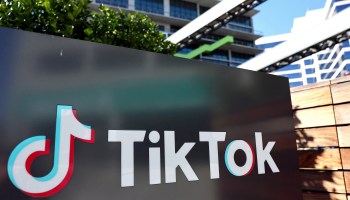 A picture of the TikTok logo is displayed outside a TikTok office in Culver City, California