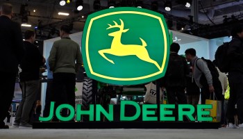 John Deere booth signage at CES 2023 at the Las Vegas Convention Center on Jan. 6.