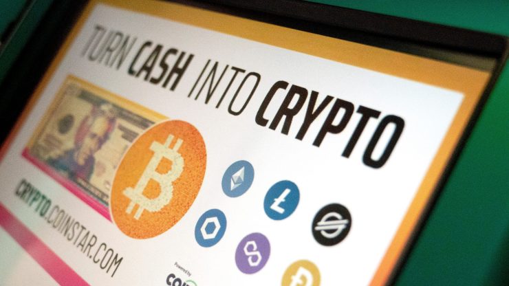 A cryptocurrency reads "Turn Cash Into Crypto" with a graphic of a $20 bill and the logos for several seven major cryptocurrencies, including bitcoin.