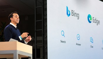 Yusuf Mehdi, Microsoft Corporate Vice President of Modern Life, Search, and Devices, speaks during a keynote address announcing ChatGPT integration for Bing at Microsoft in Redmond, Washington, on February 7, 2023.