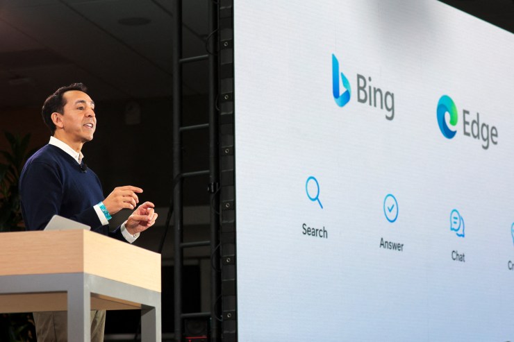 Yusuf Mehdi, Microsoft Corporate Vice President of Modern Life, Search, and Devices, speaks during a keynote address announcing ChatGPT integration for Bing at Microsoft in Redmond, Washington, on February 7, 2023.