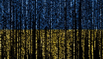 Flag of Ukraine on a computer binary codes falling from the top and fading away.