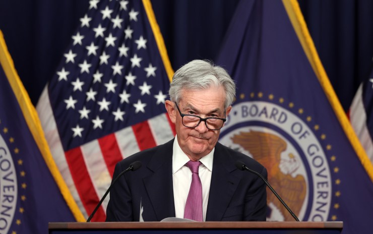 Federal Reserve Board Chairman Jerome Powell, an older white haired man.