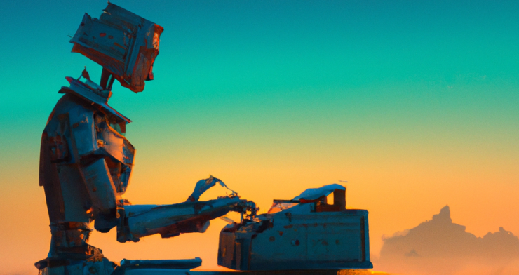 A human-looking robot sits on a stool and types on a typewriter. Behind the robot is an otherworldly sunset and a desert mountain range