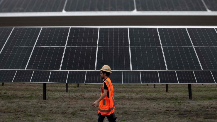 A person in an orange safety vest and white safety helmet walks past a row of solar panels.