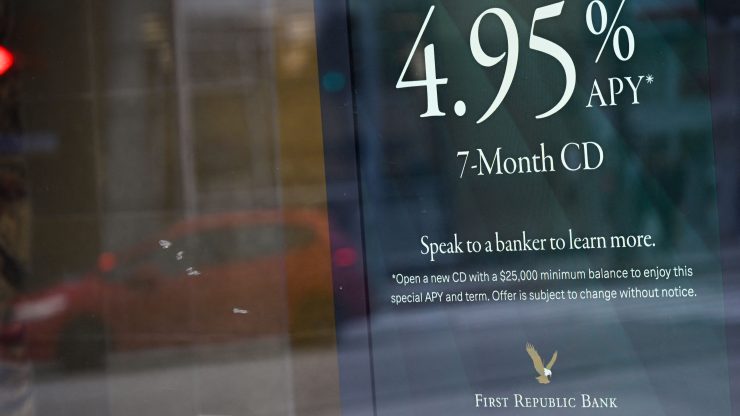 Signage with white lettering, "CD Special...4.95%" for Certificate of Deposit interest rates is displayed outside of a First Republic Bank branch in Santa Monica, California on March 20, 2023.