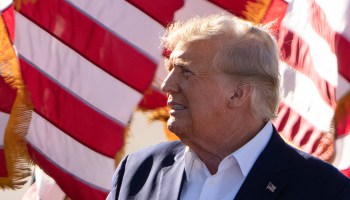 Former President Donald Trump looks to the left. Behind him, a large American flag waves, the red and white stripes filling the background.