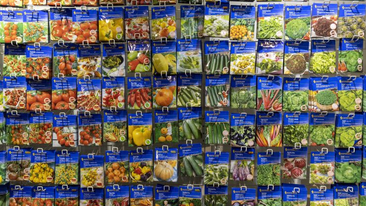 A wall of seed packets is displayed, advertising seeds of various garden and farming vegetables.