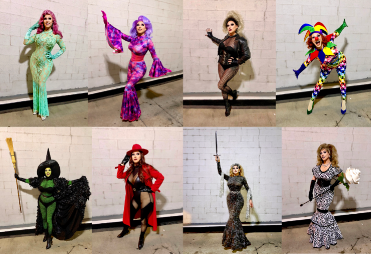 Bella DuBalle in colorful outfits, including a jester's outfit, a Carmen Sandiego costume, a witch costume and more. 
