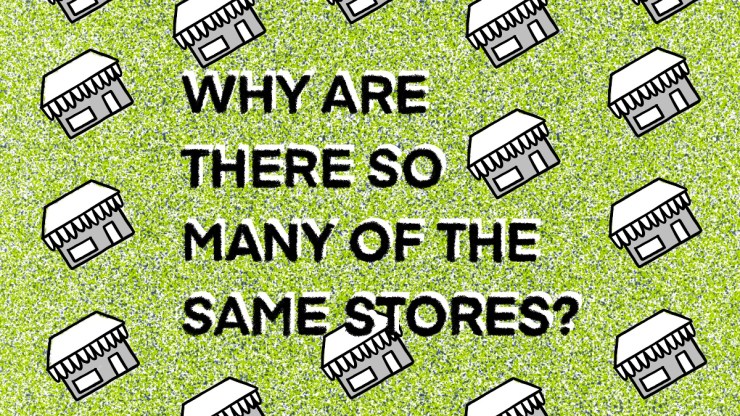 The words "Why are there so many of the same stores?" appear in black type on a mottled-green background, with images of white and gray storefronts at an angle surrounding the words.