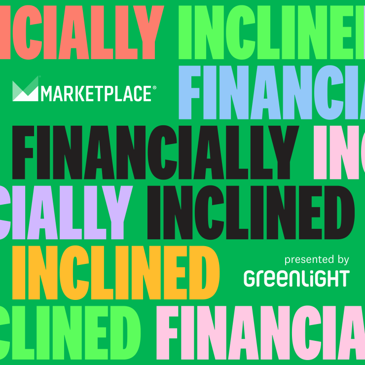 The "Financially Inclined" logo is a green square with the title written across the space in bold block letters over six lines of text, one on top of the other. The title appears as if words are moving across the screen like a stock ticker, with different parts of the words appearing on each line. Each word is a different color: orange, light green, blue, pink, black and purple. The full words "Financially Inclined" appear in black in the middle of the square. The Marketplace logo appears in the upper left and the Greenlight logo on the bottom right.