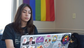 A students sits in front of a laptop with stickers on it. A rainbow flag hangs in the background.