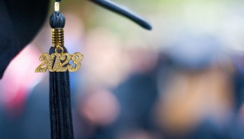 Closeup of a 2023 graduation tassel at a graduation ceremony.