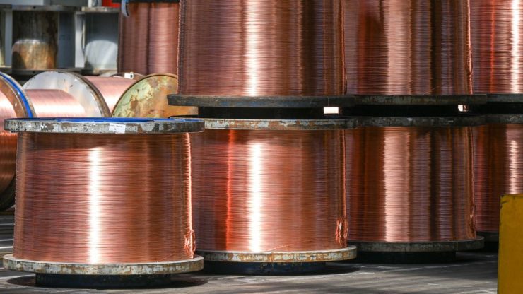 Rolls of copper wire stacked on top of each other at the Nexans manufacturer in Lens, northern France.