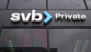 The SVB Private logo is displayed outside of a Silicon Valley Bank branch in Santa Monica, California on March 20, 2023.