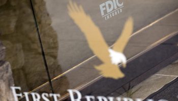 The FDIC logo is displayed outside of a First Republic Bank branch in Santa Monica, California on March 20, 2023.