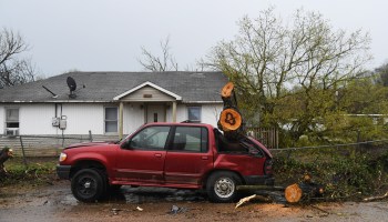 A red pickup truck is seen destroyed by a tree after a tornado touched down in the area on April 5, 2023 in Glenallen, Missouri.