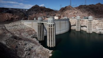 A view of water intake towers at the Hoover Dam on August 19, 2022 in Lake Mead National Recreation Area, Arizona.