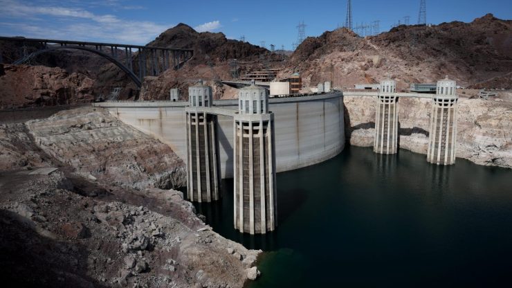 A view of water intake towers at the Hoover Dam on August 19, 2022 in Lake Mead National Recreation Area, Arizona.