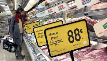 A customer shops for meat at a Safeway store on April 12, 2023 in San Rafael, California.