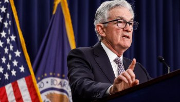 Federal Reserve Board Chairman Jerome Powell delivers remarks at a news conference after the Fed's latest interest rate hike.