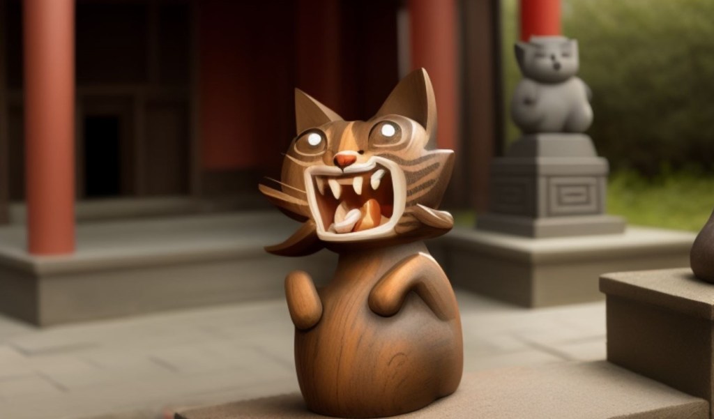 A brown, catlike being in an outdoor, Chinese-inspired setting. 